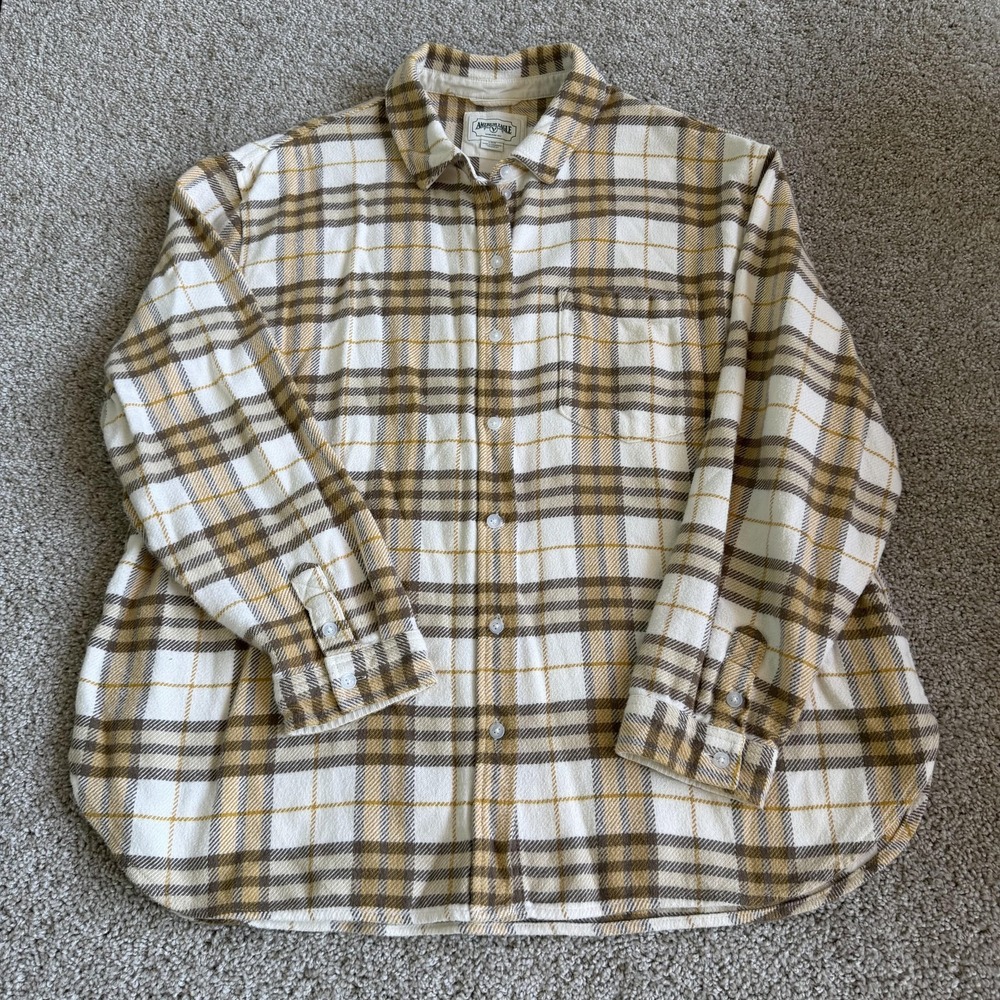 American Eagle Shirt Mens Large Brown Plaid Long Sleeve Flannel Button Up Casual